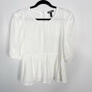 Aqua Medium M White Plaid Ruffle Short Puff Sleeve Blouse Top Drop Waist Cotton